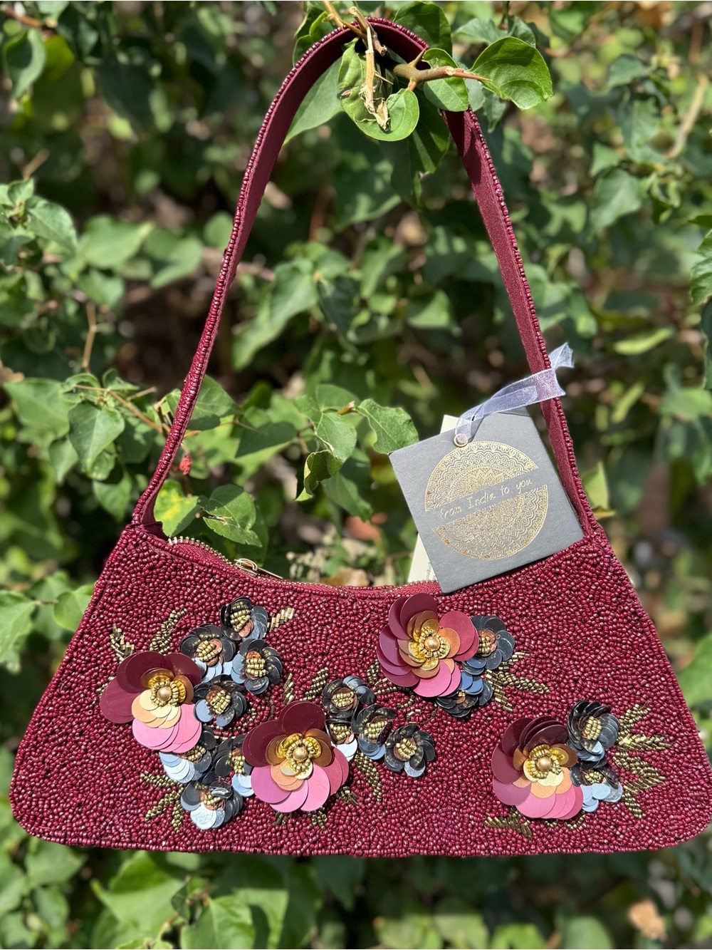 NWT Floral Flowers Fall Autumn Maroon Made in India Shoulder Sequin Beaded Bag